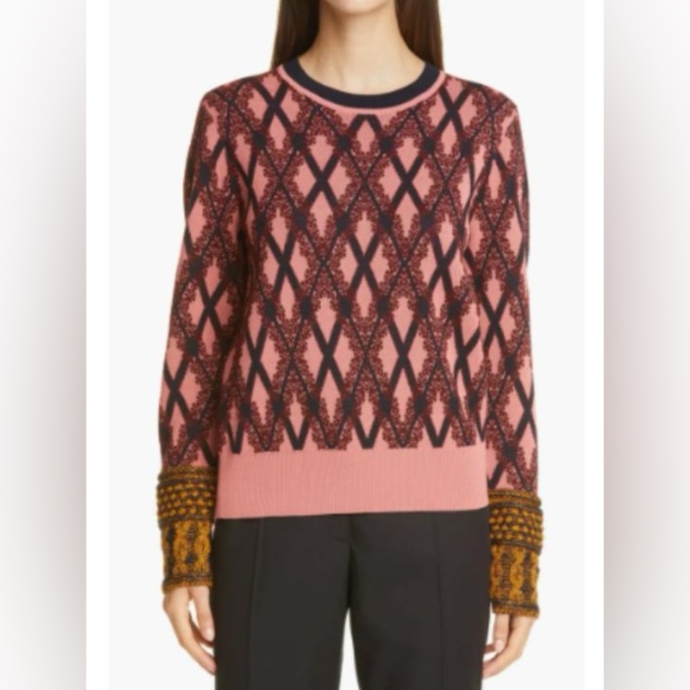 Dries Van Noten burgundy Pink and Black Geometric Sweater with Mustard Cuffs